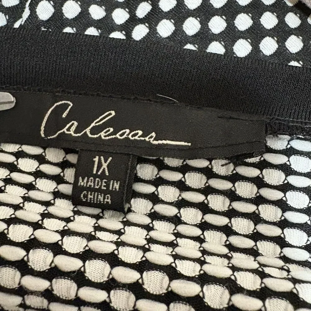 Calessa Tunic Blouse Womens 1X Plus Black White Polka Dot Long Bow Sleeve Top